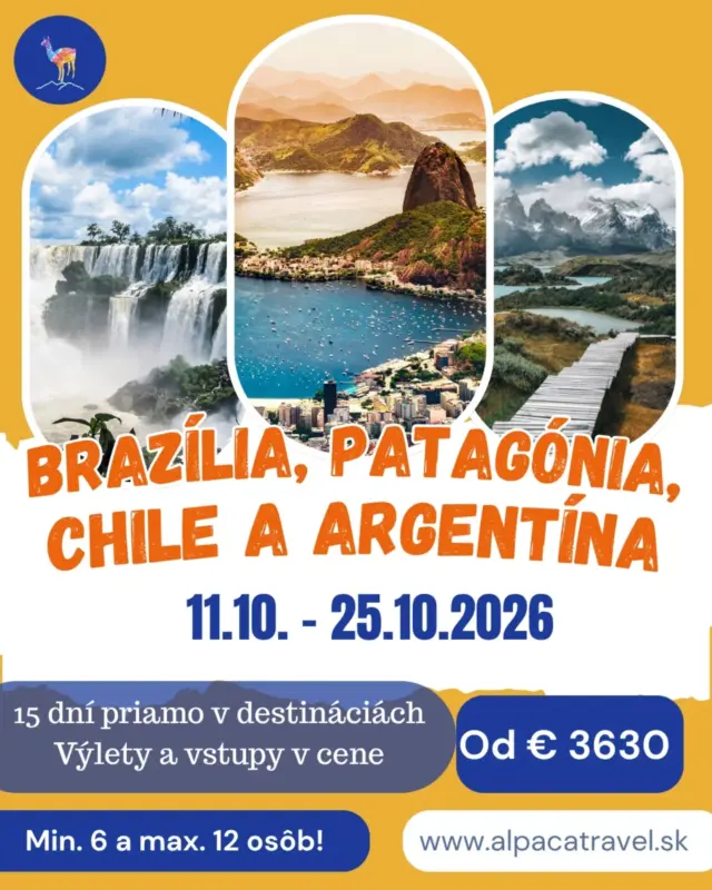 TOP miesta Južnej Ameriky v jednom zájazde
📅 11.10. – 25.10.2026

📍 15 dní v destinácii ( + 2 dni cesta)

Malá skupinka max. 12 ľudí = žiadny chaos, úžasné miesta, skvelá partia a nezabudnuteľné zážitky ✨

Sme Lenka 🇸🇰 a Carlos 🇨🇱 žijúci v Chile.

Čo všetko s nami zažijete?

🇨🇱 Santiago de Chile – začneme v modernom meste, aby sme sa postupne naladili na Južnú Ameriku 🙂

Potom sa presunieme úplne na „koniec sveta“ – do Punta Arenas a Patagónie 🇨🇱 Čaká nás divoká príroda, tučniaky 🐧 zblízka, ľahšia túra cez lesy a hory s kondormi nad hlavou 🦅 a samozrejme pravá patagónska grilovačka 🔥

Navštívime aj národný park Torres del Paine 🏔 – ikonické veže, tyrkysové jazerá a krásne výhľady počas nenáročných túr.

V Argentíne 🇦🇷 sa zastavíme pri ľadovci Perito Moreno 🧊, ktorý naozaj počuješ praskať, a pozrieme si aj mestečko El Calafate.

Presunieme sa na sever k Iguazú vodopádom 💦 – jednému z novodobých divov sveta. Uvidíš ich z argentínskej aj brazílskej strany 🇦🇷🇧🇷 (každá je úplne iná) a pôjdeme aj do Parque das Aves 🌿, kde sú tukany, papagáje a tropická príroda úplne zblízka.

V Buenos Aires 🇦🇷 si dáme trochu mestského vibe – káva ☕, ulice, historické centrum, tango a štvrte ako San Telmo či Palermo.

Na záver Rio de Janeiro 🇧🇷 – pláže 🏖, výhľady, Kristus, Cukrová homoľa, samba… a možno aj futbal ⚽, ak sa pošťastí 🙂

➕ Možnosť predĺženia zájazdu – ak chceš ostať dlhšie v Riu alebo si pridať ďalšie plážové miesta, dá sa to nastaviť podľa seba 😉

💡 Dôležité info k letenkám

Medzinárodné letenky nie sú v cene – každý si ich vyberá individuálne podľa toho, čo mu najviac vyhovuje (radi poradíme ✈️)

📩 Ak sa chcete prihlásiť alebo chcete vedieť viac informácií o tomto zájazde - napíšte nám na info@alpacatravel.sk 

Tešíme sa na vás! 

Lenka & Carlos 

#alpacatravelsk #tonajzjuznejameriky #juznaamerika